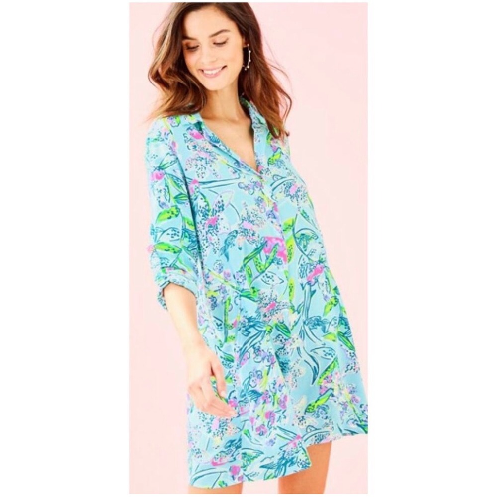 Lilly Pulitzer Lilith Tunic Shirt Dress Womens Small Blue Tropical Floral Rayon